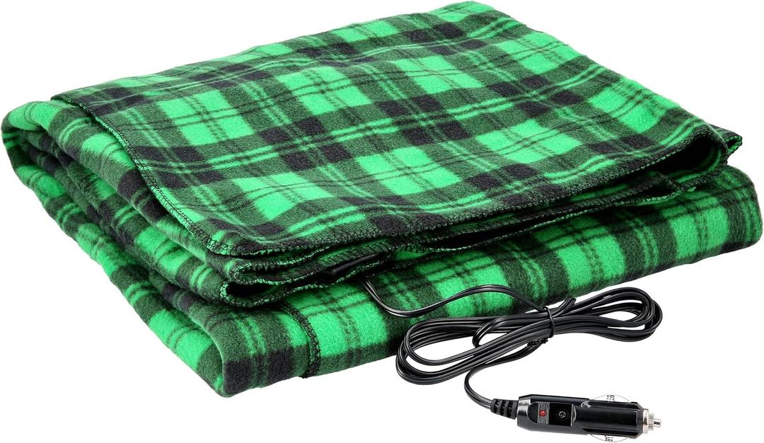 Heated Car Blanket - 12V Electric Travel Blanket for Car, Truck, SUV or RV - Portable Heated Throw for Road Trips, Camping or Winter Emergency Kit for Cold Weather Travel by Stalwart (Green/Black Plaid)