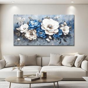 Vintage Floral Wall Art Large Flower Canvas Wall Art Flower Pictures Wall Decor Floral Wall Decor White Blue Painting Farmhouse Wall Decor For Bedroom Living Room Aesthetic Home Decor, 48"L x 24"W