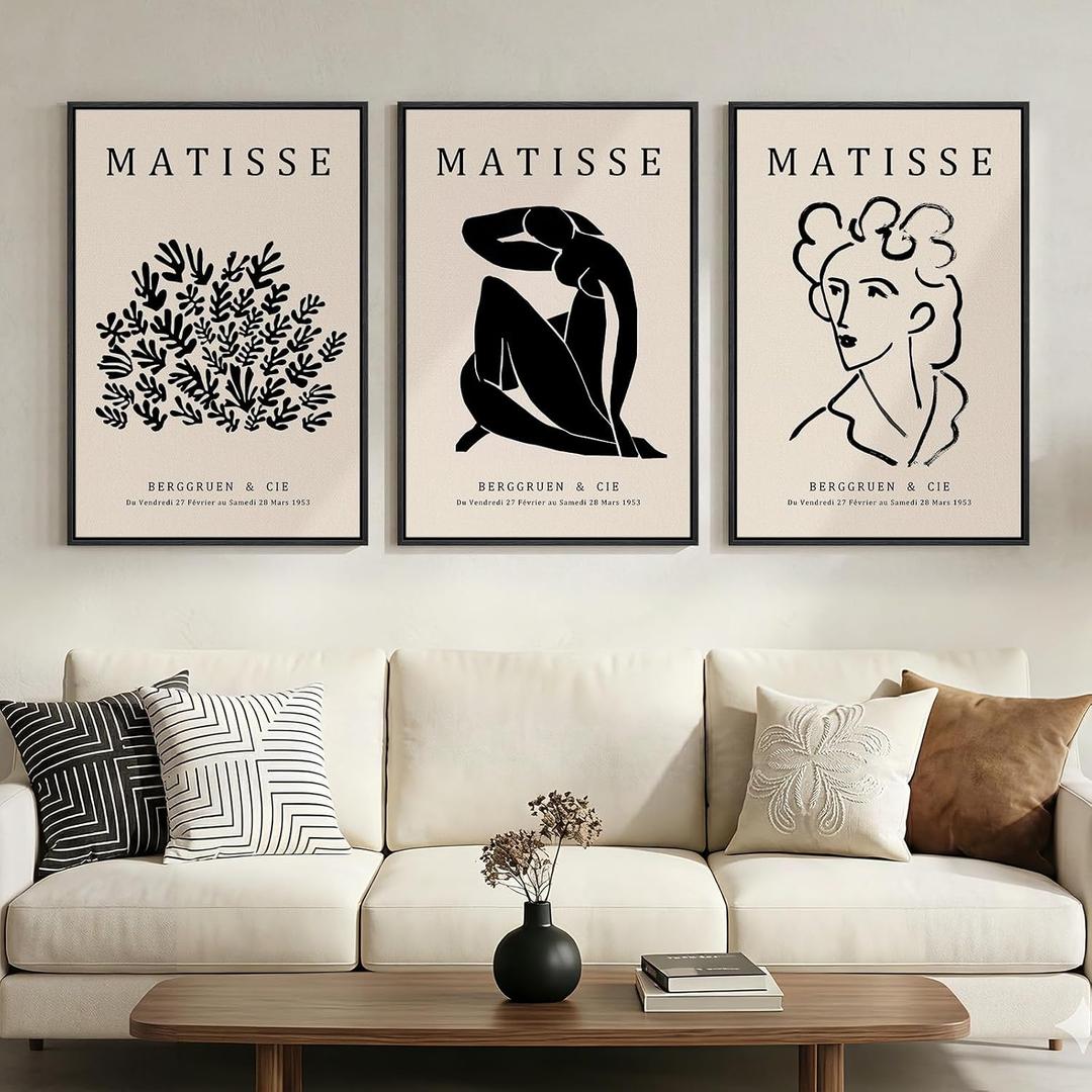Framed Matisse Canvas Wall Art for Living Room, Set of 3 Abstract Black and White Minimalist Botanical Prints for Walls, Modern Aesthetic Pictures for Bedroom, Dining Room, Hallway and Office, Total Size 30x60, 20"W x 30" H x 3Pcs
