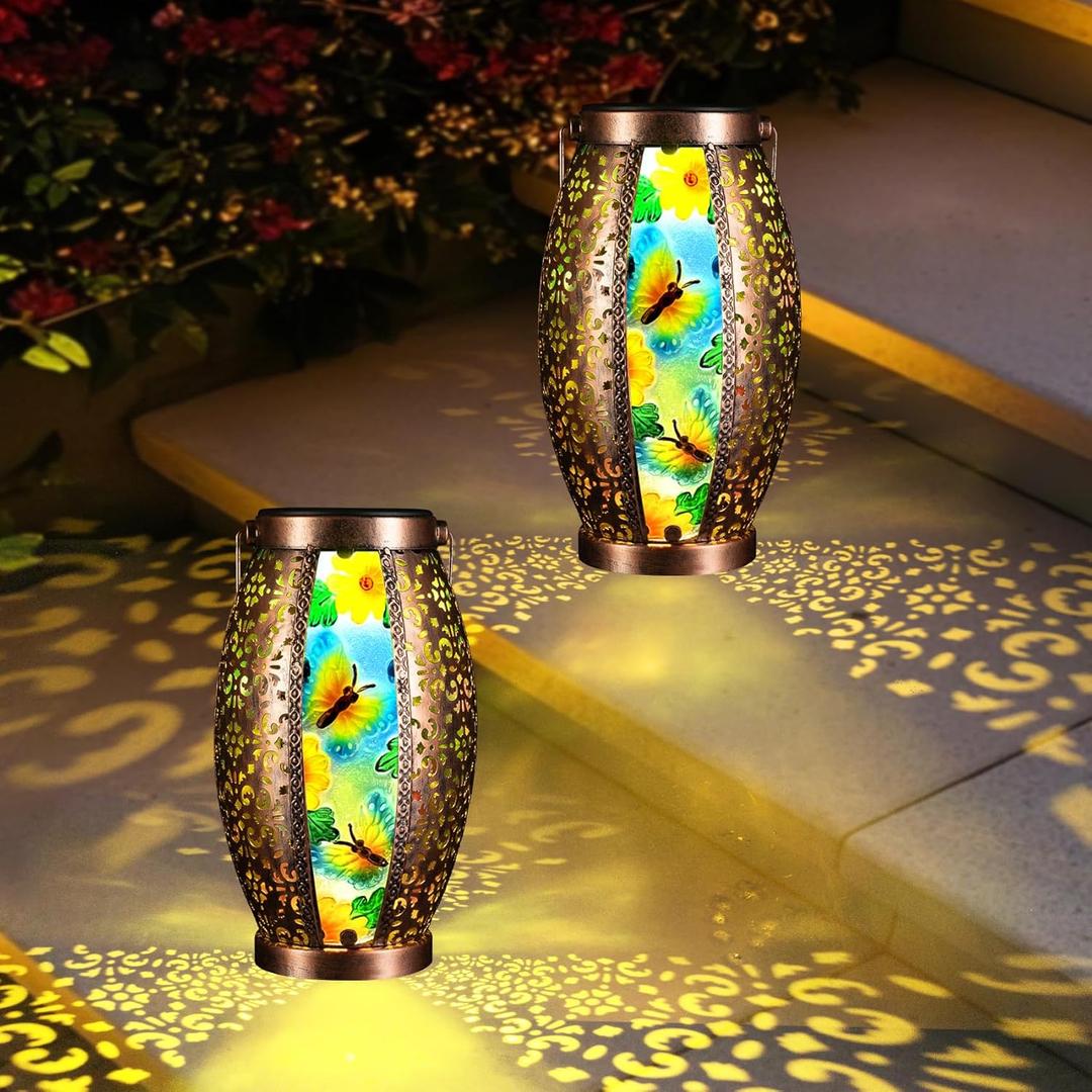 2PC Solar Lantern Outdoor Waterproof Glass & Metal Garden Decor Gifts for Women Mom Grandma Large Hanging Solar Light Tabletop Lamp for Yard, Patio, Porch (Butterfly)