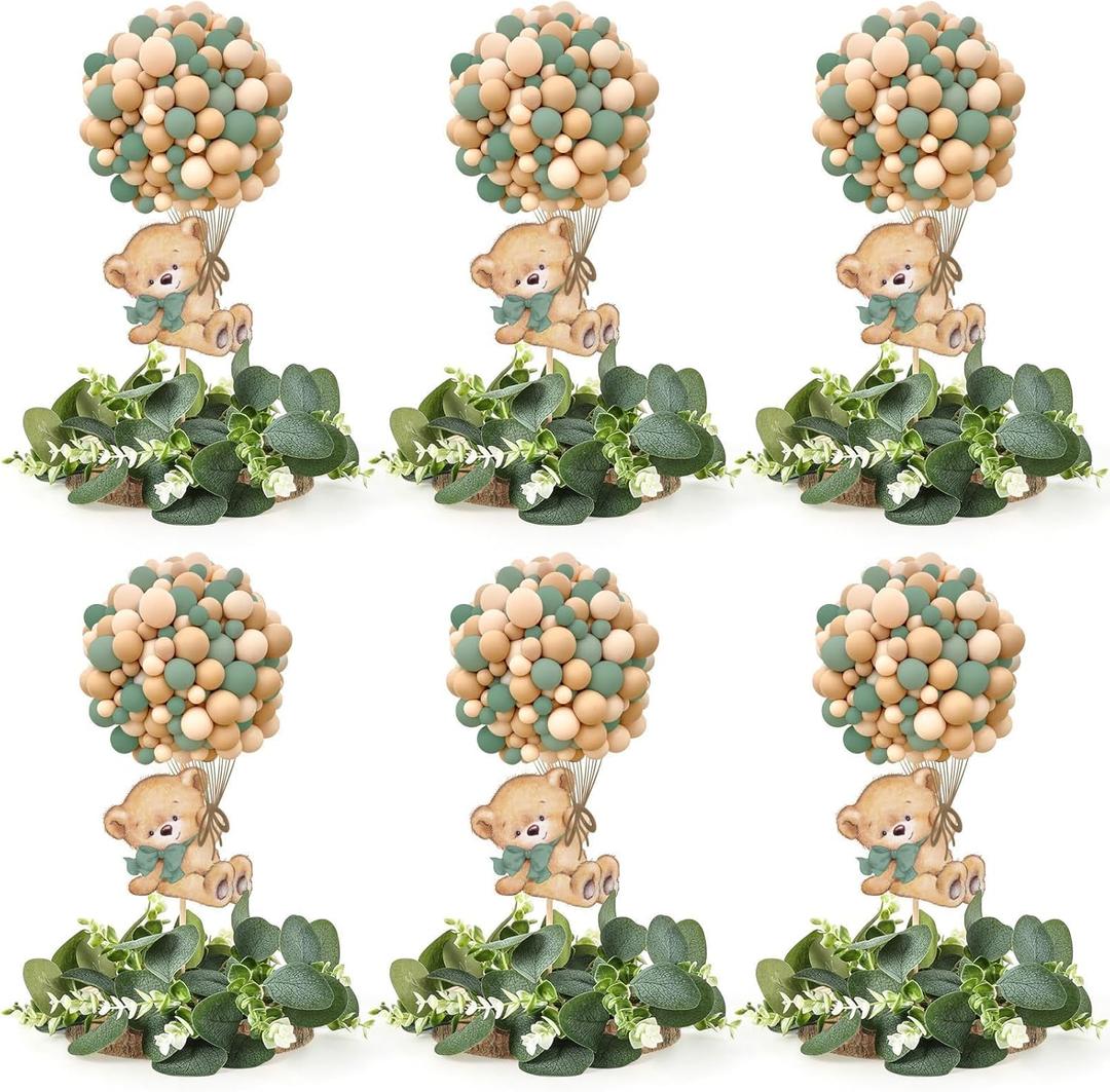 6 Set Baby Shower Bear Table Centerpieces Decortion Sage Green Bear with Eucalyptus Wreath Wood Slices Welcome Baby Table Toppers for Boy Or Girl Gender Reveal Party Favors