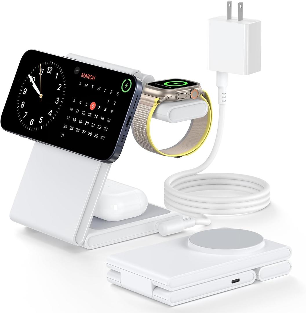 Upgraded 3 in 1 Foldable Magnetic Wireless Charging Station with PD 20W USB-C Adapter, Compatible with MagSafe, Charger Stand for iPhone 16/15/14/13/12 Series, Apple Watch, AirPods, White