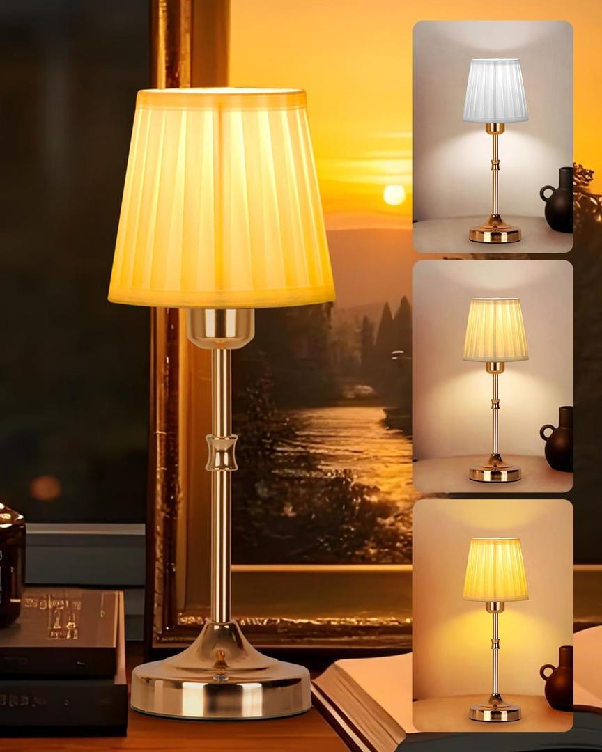 Yiliaw Cordless Table Lamp for Bedroom Portable LED Desk Lamp, 4200mAh Battery Operated, Stepless Dimmable Touch Lampfor Restaurant Bedroom Bars Outdoor Party, LED Bulb Included, Pleated Shade, Gold