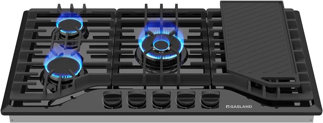 GASLAND Gas Cooktop 36 Inch with Griddle, PRO GH3365EF 5 Burner Propane Stovetop with Reversible Cast Iron Grill/Griddle, Gas Countertop Plug-in, NG/LPG Convertible Cooktops, Black