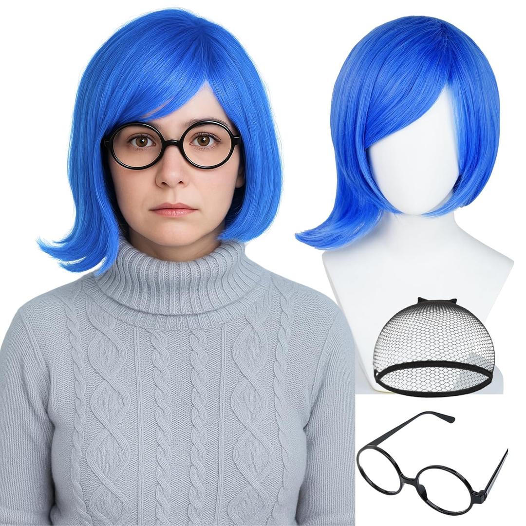 Wiggy Mermaid Blue Wig and Glasses for Women Adult Short Straight Blue Wig with Wig Cap for Halloween Sad Costume Party Cosplay