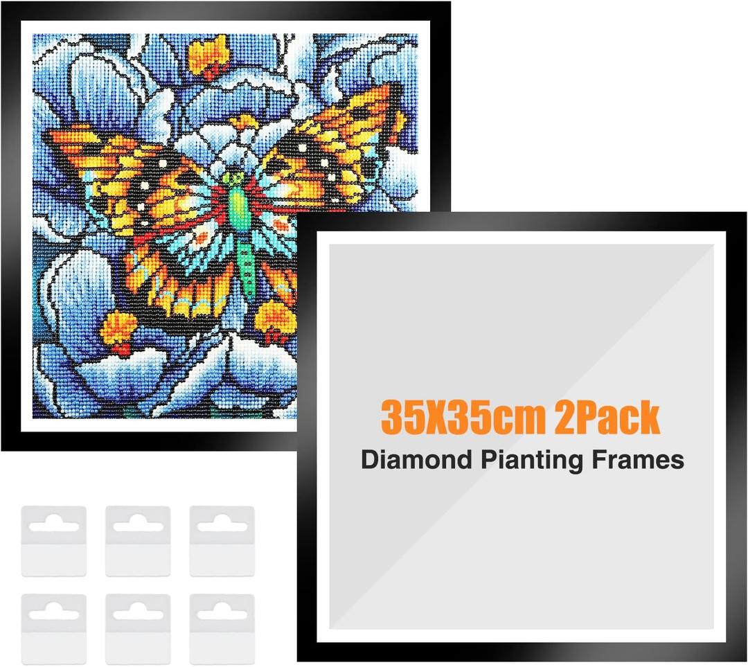 NAIMOER Upgraded 2Pack Diamond Painting Frames, Frames for 35x35cm Diamond Painting Canvas, Magnetic Diamond Art Frame Self-Adhesive, Diamond Painting Frames with Hooks for Wall Window Door (Black)
