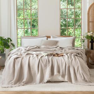 MooMee Muslin Blanket - 100% Cotton 4-Layer Gauze Throw Blanket with All-Around Fringe, Soft Breathable Lightweight Cooling Summer Blankets for Bed Couch (Cream Grey,Oversize Queen 98" x 98")