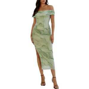 Floerns Women's Floral Print Off Shoulder Short Sleeve Ruched Bodycon Long Dress (Size Medium, Green)