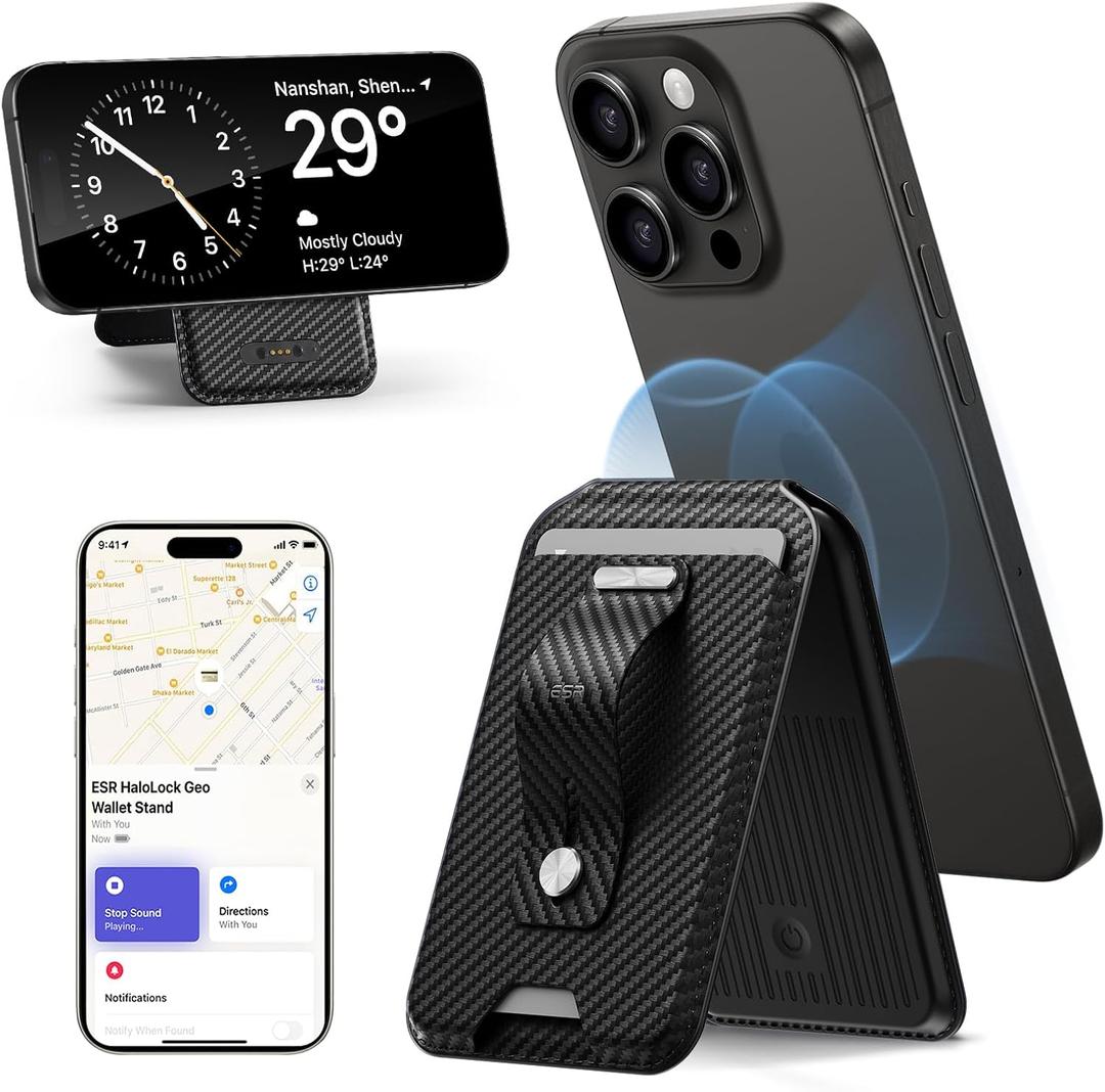 ESR HaloLock Magnetic Wallet with Adjustable Stand Grip, 3 Card Holder Phone Case, for iPhone 16, iPhone 16 Plus, iPhone 16 Pro, iPhone 16 Pro Max, MagSafe Accessories, Textured Black