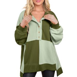 SHEWIN Womens Oversized Color Block Sweatshirts Casual Loose Button Henley Pullover Tops (M)