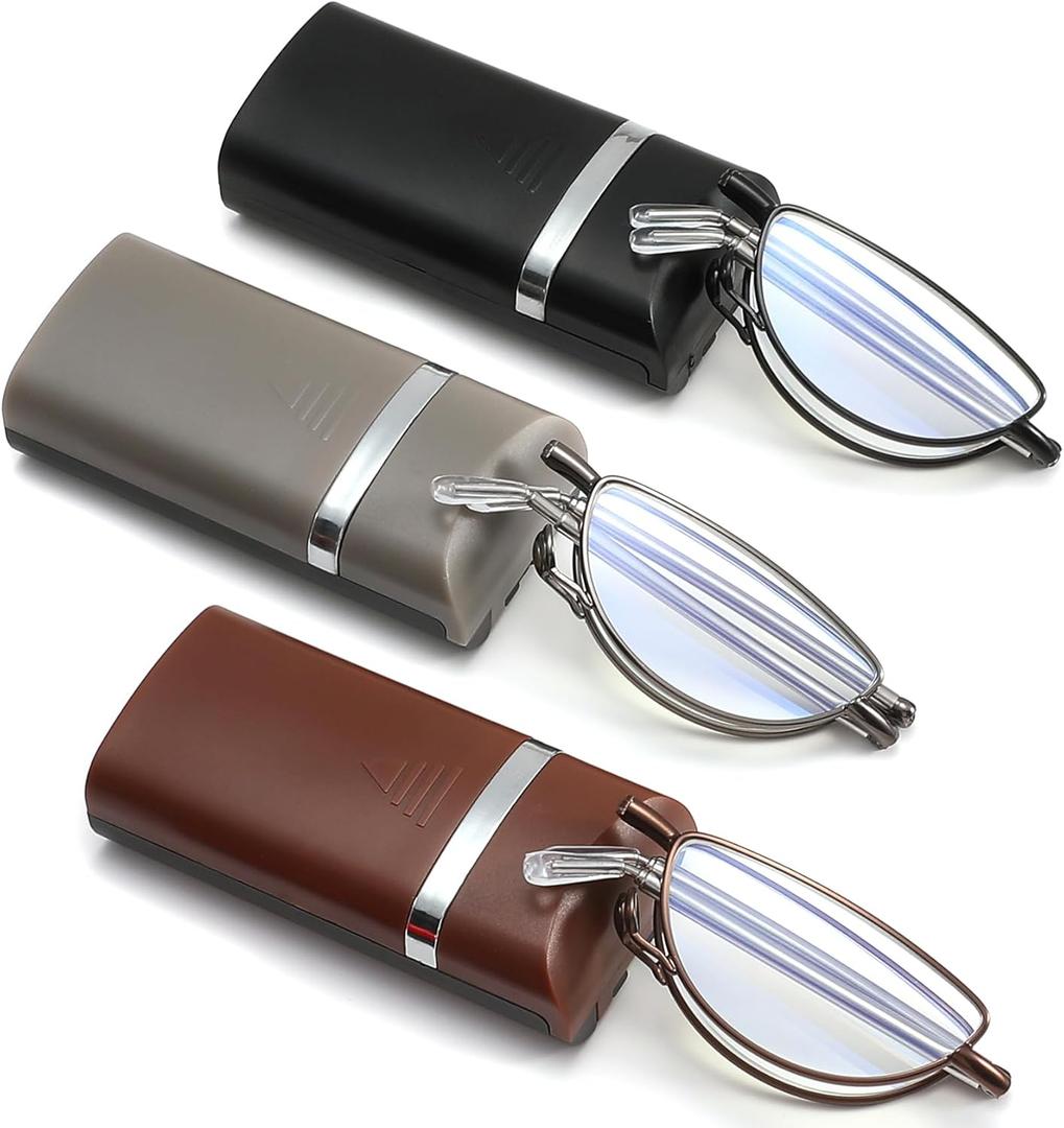 Folding Reading Glasses Anti Blue Light UV, Soft Nose Pad Spring Hinge Readers with Pocket Keychain Case for Men Women