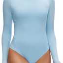 NANJI Long Sleeve Bodysuit for Women - Slim Fit Crew Neck Thong Body Suit, Stretch Double Lined Snap Tops, Casual Going Out (Blue, S)
