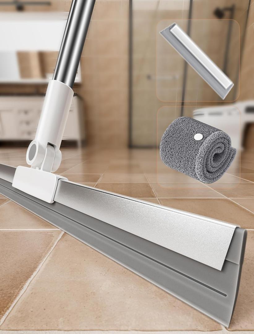 Floor Squeegee Broom with Long Handle, Heavy Duty Rubber Squeegee Kit with 2 Replacement Heads & 1 Cloth, Scrubber for Tile Floor, Garage, Concrete (3-in-1 Set)