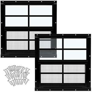 Yuzzy 24" x 36" Shed Windows with Tempered Glass and Fiberglass Screen, 2 Pack Small Sliding Windows for Shed, Chicken Coop, Playhouse, Household, Garage, Barns (Black)