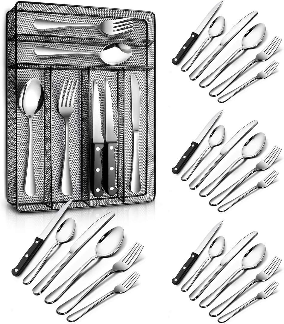 Teivio 24 Piece Silverware Set, Flatware Utensils Set Mirror Polished, Dishwasher Safe Service for 4, Include Knife/Fork/Spoon/Steak Knife/Wire Mesh Steel Cutlery Holder Storage Trays (Black Tray)