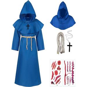 Long Hooded Cloak Friar Medieval Wizard Monk Priest Knight Robe 5pcs Set Halloween Costume Adult Teens Cape Outfit (Large, Blue)