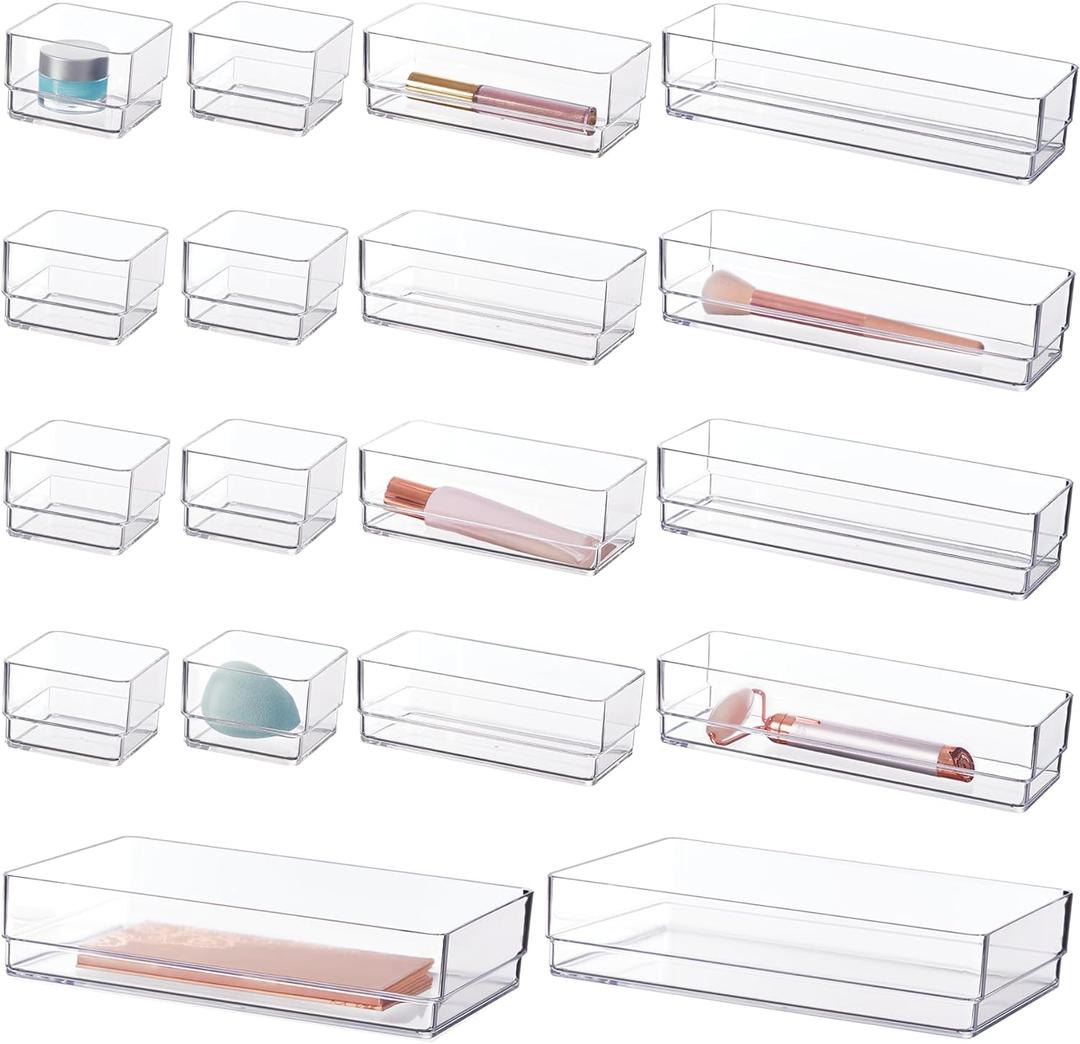 STORi SimpleSort 18-Piece Stackable Clear Drawer Organizer Set | Multi-size Trays | Makeup Vanity Storage Bins and Office Desk Drawer Dividers | Made in USA