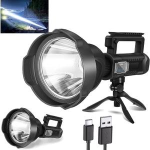 Rechargeable Spotlight Flashlight High Lumens 3,000,000L, Super Bright Led Spot Light Outdoor with Adjustable Tripod, 4 Modes High Powered Handheld with USB C, Waterproof for Boat, Emergency