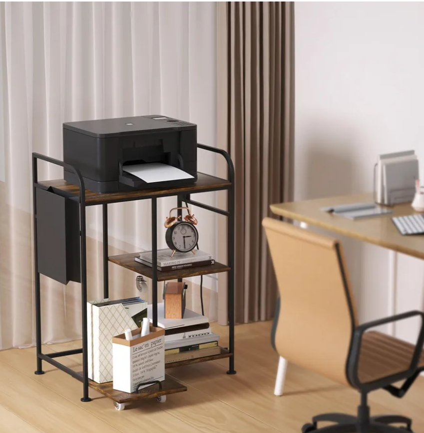 3-Tier Printer Stand - Adjustable Height, Sturdy Design, Space-Saving Storage Solution for Home Office, with Shelf for Books & Office Supplies, Easy Assembly, Fits Most Printers & Scanners