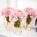 4 Sets Mason Jar with Lights Pink Hydrangea Decorative Pink Centerpieces for Tables Mason Jars Flowers Decorations LED Farmhouse Vase for Home Wedding Event Party Decor