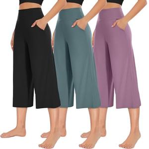 NEW YOUNG 3 Pack Women's Wide Leg Capri Pants with Pockets High Waist Loose Sweatpants Casual Lounge Yoga Workout Palazzo Large