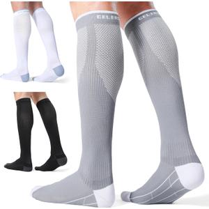CelerSport 3 Pairs Compression Socks for Men and Women 20-30 mmHg Running Support Socks (Small-Medium, Black + White + Grey)