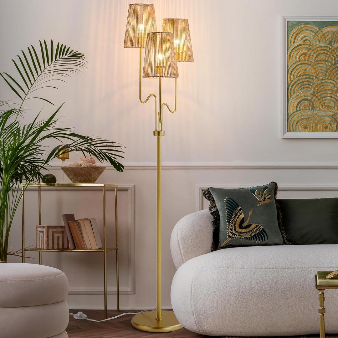 Boho Floor Lamp, 68in. Rattan floor lamp with Natural Woven Shade, Rustic Standing Lamp for Coastal, Beach or Bohemian Style Decor, E26 Socket, On/Off Footswitch Lamp for Living room, Bedroom (Gold)