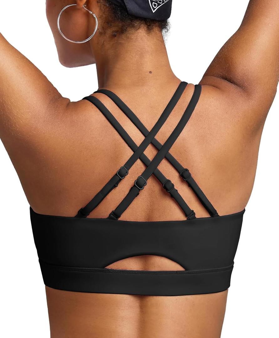 BRXL Sports Bra with Sewn in Pads Light Impact Adjustable Strappy Padded Push Up Sports Bra Criss Cross Back Yoga Workout (Medium, Black)