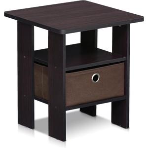 Furinno ANDREY Side Table, End Table, Night Stand with Open Shelves and Storage Bin, Bedside Table, for Living Room, Bedroom, Dark Walnut, 1-Pack, Center Bin