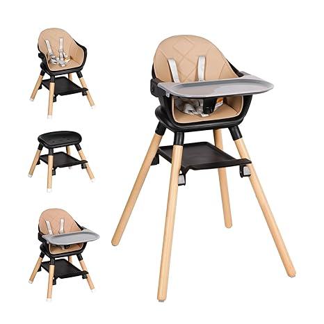 High Chair, 6 in 1 Wooden Convertible High Chairs for Babies and Toddlers, Booster Seat with Double Tray & Reversible Footrest Baby Highchair, 5-Point Harness Baby Feeding Chair, Grey