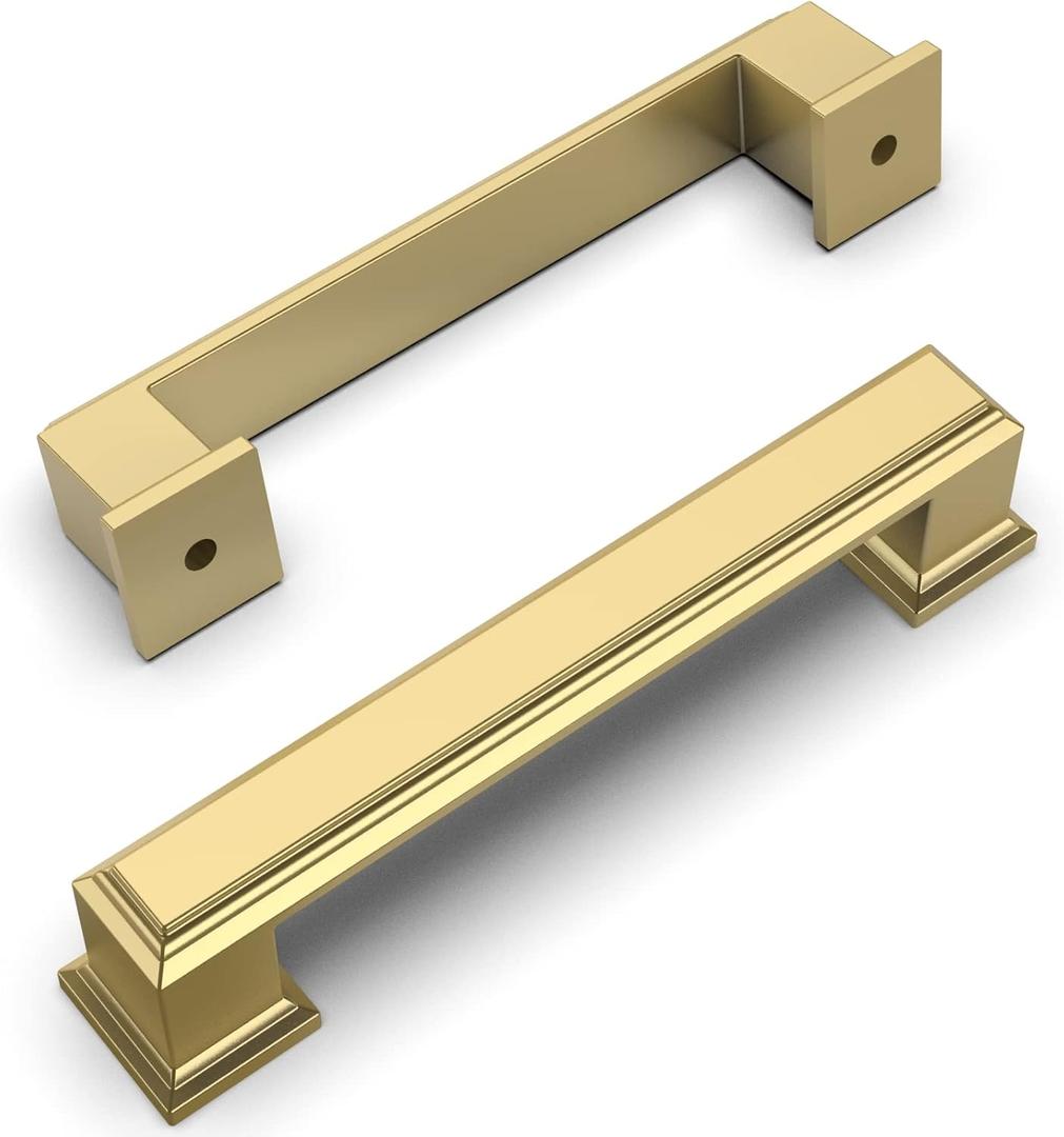 Amerdeco 10 Pack Brushed Gold Cabinet Pulls 3-3/4 Inch Hole Center Cabinet Hardware Solid Kitchen Cabinet Handles for Bathroom Drawer Pulls Dresser Pulls ZH0001