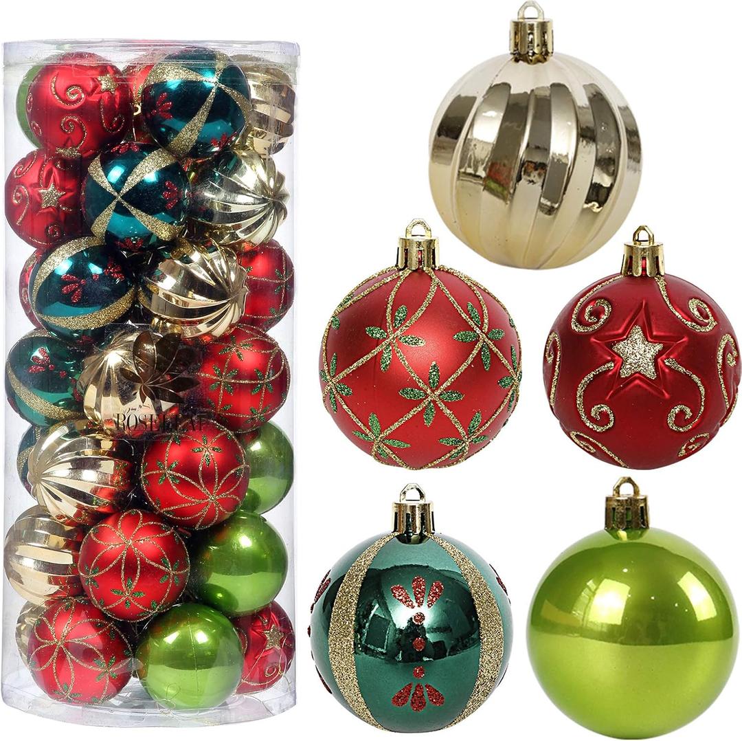 ROSELEAF 30ct 2.36" Shatterproof Christmas Tree Ornaments - Red, Green, Gold Plastic Hanging Balls - Christmas, Wedding And Engagement Occasion