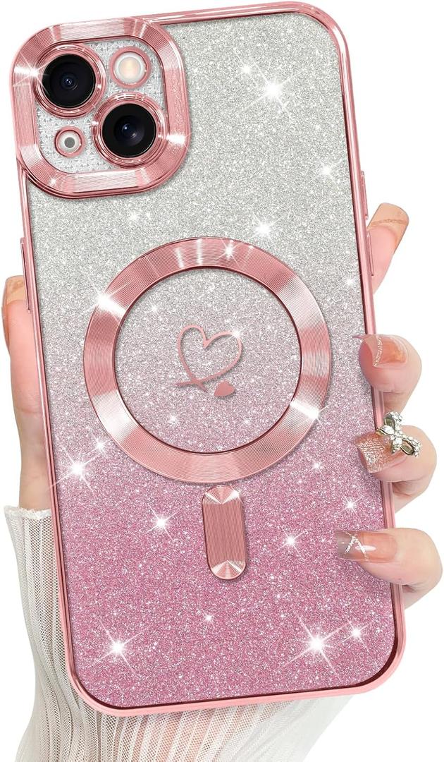 Bonoma Compatible with iPhone 15 Case Support for MagSafe, Plating Heart Glitter Magnetic 2* Screen Protector TPU Camera Protection Back Cover for Girls Women -Pink