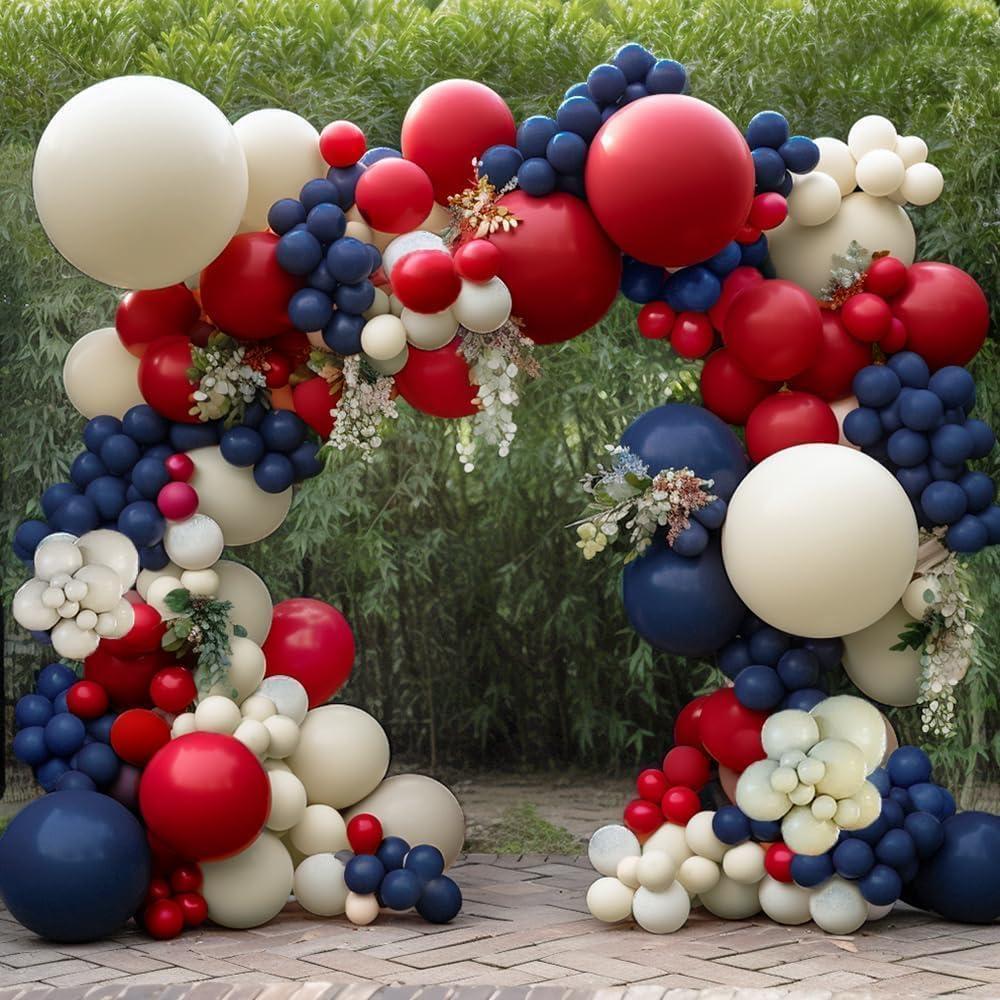 Navy Blue Red Balloon Garland Double Stuffed Red White Blue Balloons Nude Cream Sand Latex Arch Kit for Birthday Baby Shower Patriotic Baseball Graduation Nautical Party Decorations