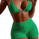 COZYEASE Women's 2 Piece Swimsuits Halter Triangle Top with High Waisted Shorts Bathing Suits Bikini Sets Size M