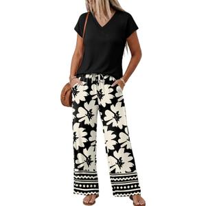 WIHOLL 2 Piece Sets for Women Summer Spring Vacation Outfits Lounge Sets Resort Wear 2026 Travel Fashion Matching Clothing (Medium, Black Boho Floral)