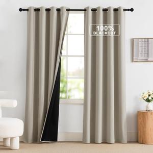 NICETOWN 100% Blackout Curtains 52 x 84 inches Long, Farmhouse Curtains Set of 2 Panels Thermal Insulated Privacy Window Curtains for Bedroom Living Room (Natural)