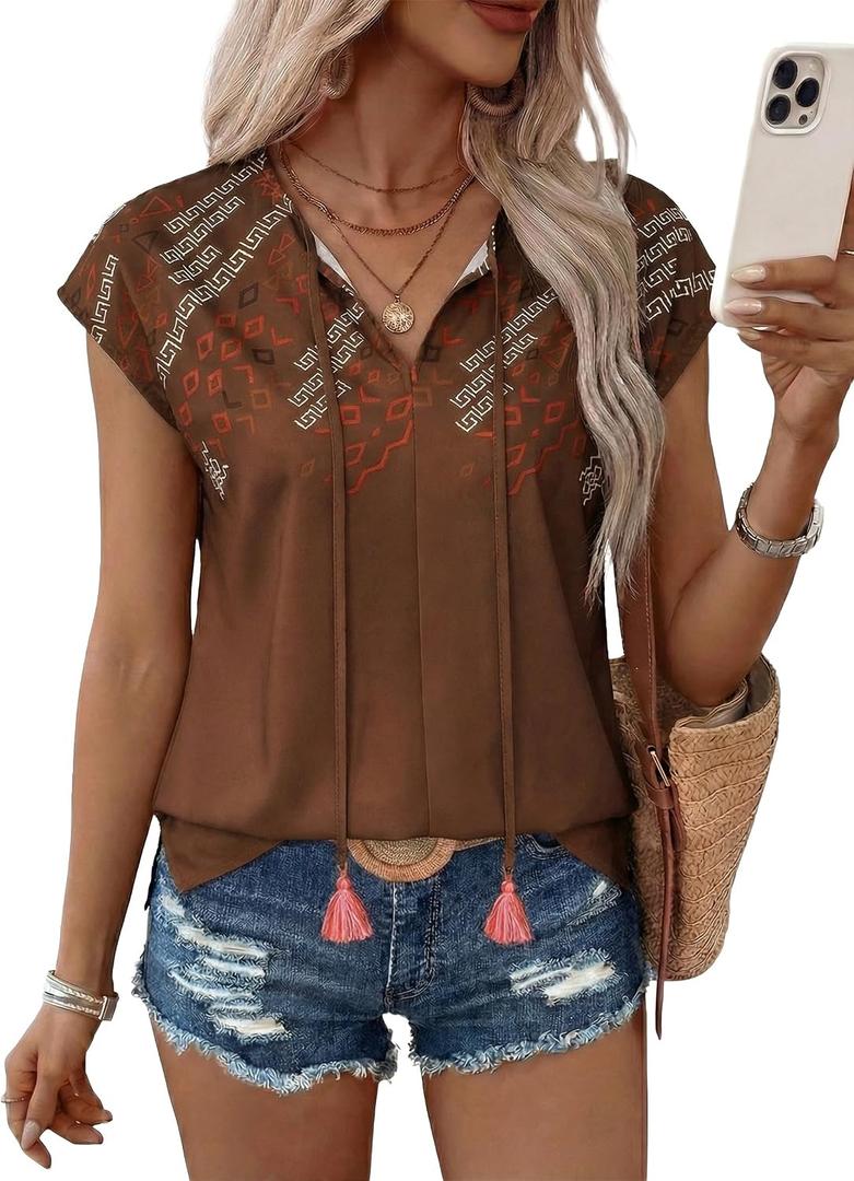 SHEWIN Womens Blouses Boho Summer Tops Cap Short Sleeves V Neck Chiffon Casual Elegant Geometric Printed Shirts (Brown, L)
