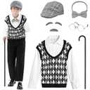 VICAMB Old Man Costume for Kids 100 Days of School Costume for Boys Old Person Costume Grandpa Outfit with Hat & Accessories, 5-7Y