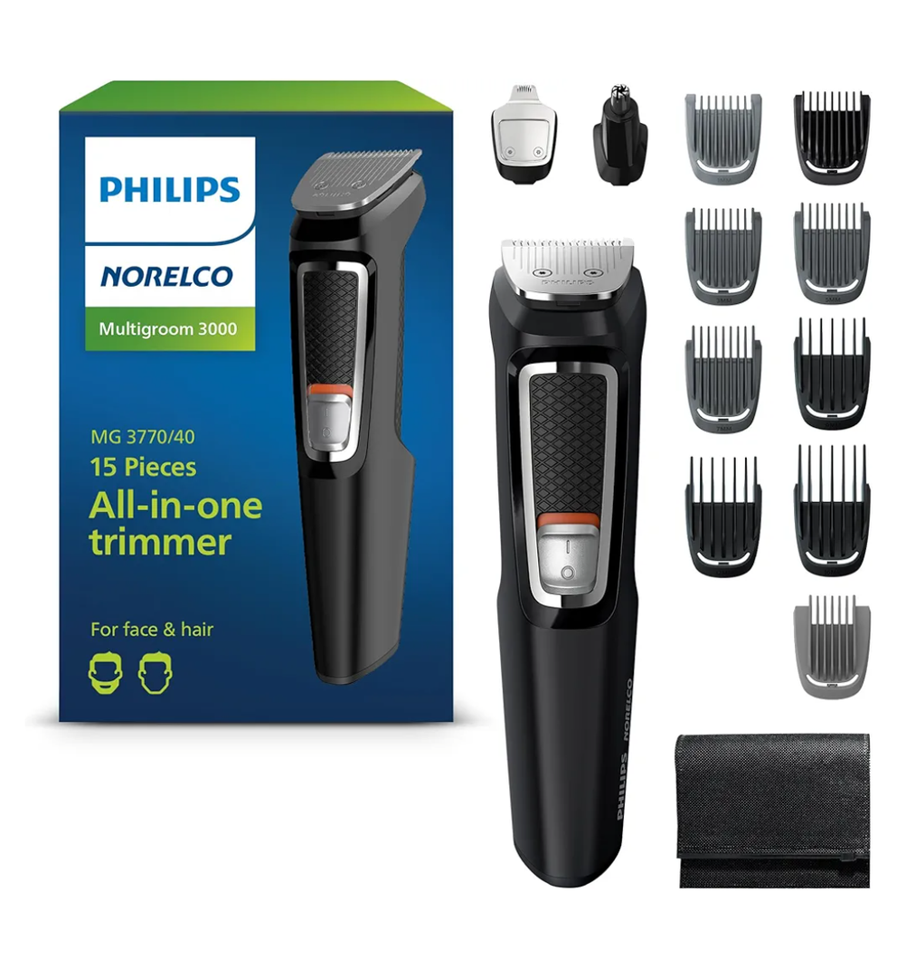 Norelco Philips Multigroom 3000 Series, All-in-One Trimmer, Beard Trimmer and Hair Clipper, 15-Piece Men's Grooming Kit for Head, Beard, Face, Nose, Ears, No Blade Oil Needed, Soft Pouch, MG3770/40