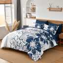 Anibedding Navy Floral Comforter Set King Size 7 Piece, Blue Flower Bed in a Bag, Elegant Botanical Floral Comforter Soft Microfiber Complete Bedding Set for All Season, (Navy Blue, 104"x90")