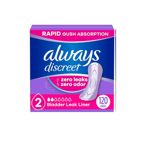 Always Discreet Incontinence Panty Liners for Bladder Leaks, Size 2, Very Light Absorbency, 120 Count
