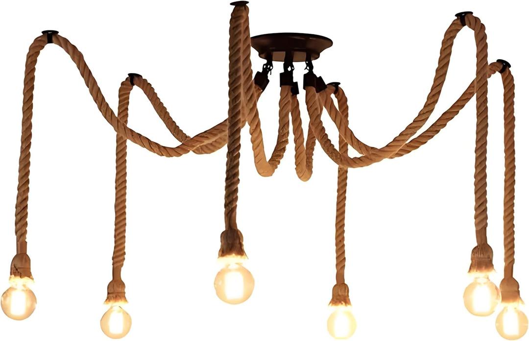 6 Head 2M Vintage Hemp Rope Light E26/E27 Base, Pendant Ceiling Light Lamp,Retro Style for Dining Hall Restaurant Bar Lighting(Bulb not Included)