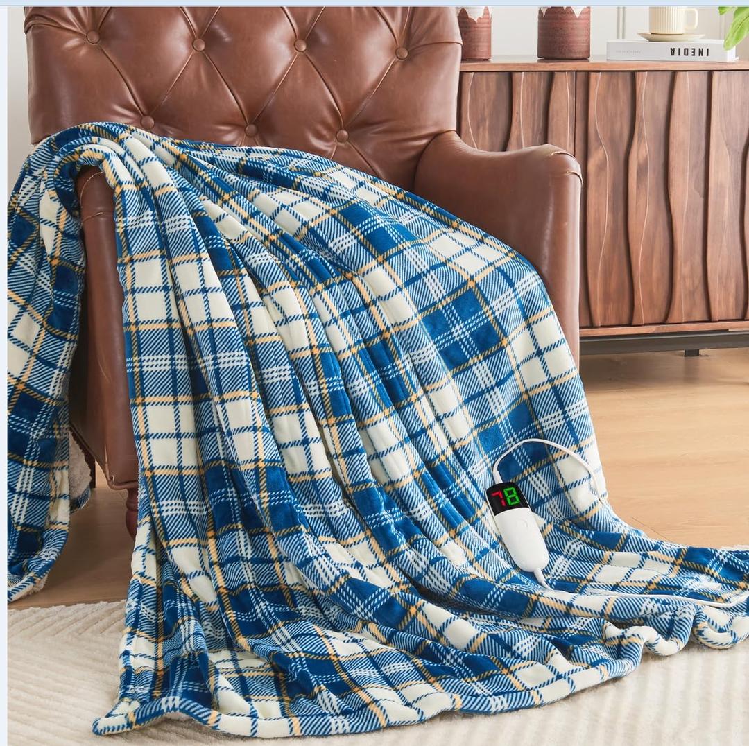 Heated Blanket Electric Throw, 50X60, Heating Throw with 10 Heats Levels/8 Hours Auto Off, Navy Blue Plaid Sherpa Blanket Winter Warmer for Adults, Washable Housewarming Gift for Couch Bed Office, ETL