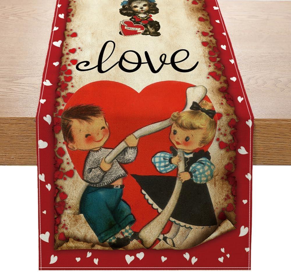 Vintage Valentine's Day Table Runner Valentines Decorations - Red Love Vintage Style Boys and Girls Valentines Day Anniversary Home Kitchen Dining Table Decor, Valentines Party Decor 13 x 72 Inch