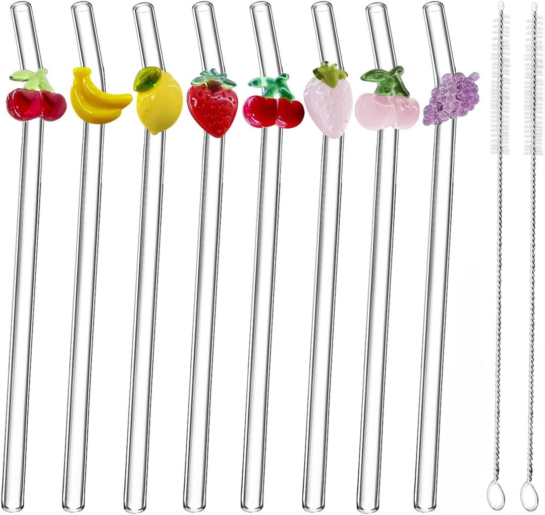 8Pcs Glass Straws With Charms,Include As A Bonus Two Straw Cleaning Brushes. (Mixed Fruit Styling)