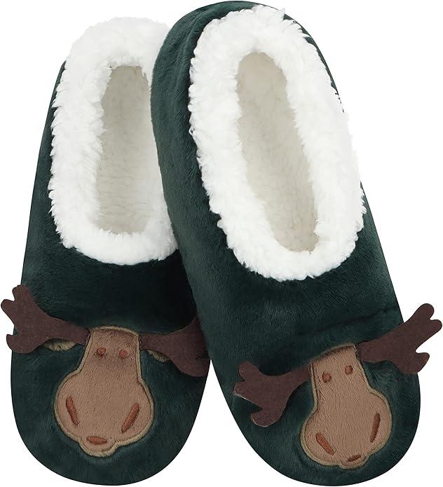 Snoozies Womens Slipper Socks - Cozy Slippers for Women - Fuzzy House Slippers for Indoor Use - Soft Sole Slippers size 9-10 Moose