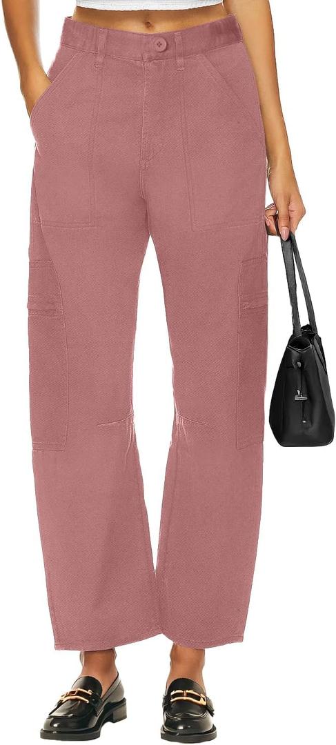 Lepunuo Barrel Cargo Pants for Women Trendy High Waisted Cropped Cargo Pocket Baggy Stretch Wide Leg Tapered Jeans Pink, L