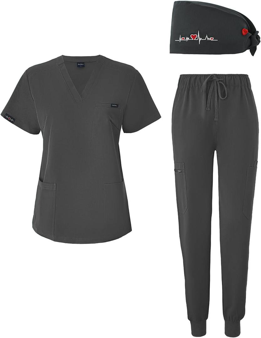 Women's V-Neck Scrubs Set With Cap, Stretchy Top and Jogger Pants, 11 Pockets Nursing Uniform (Small, Grey)