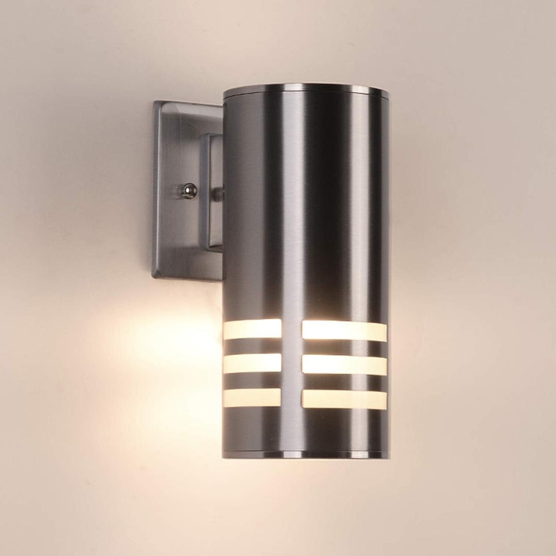 Outdoor Wall Sconce, Cylinder Wall Light with Stainless Steel 304 and Toughened Glass, Waterproof Up Down Light for Garden Patio Bedroom Living Room (Brushed Nickel, 8.7" Height, No Bulbs)